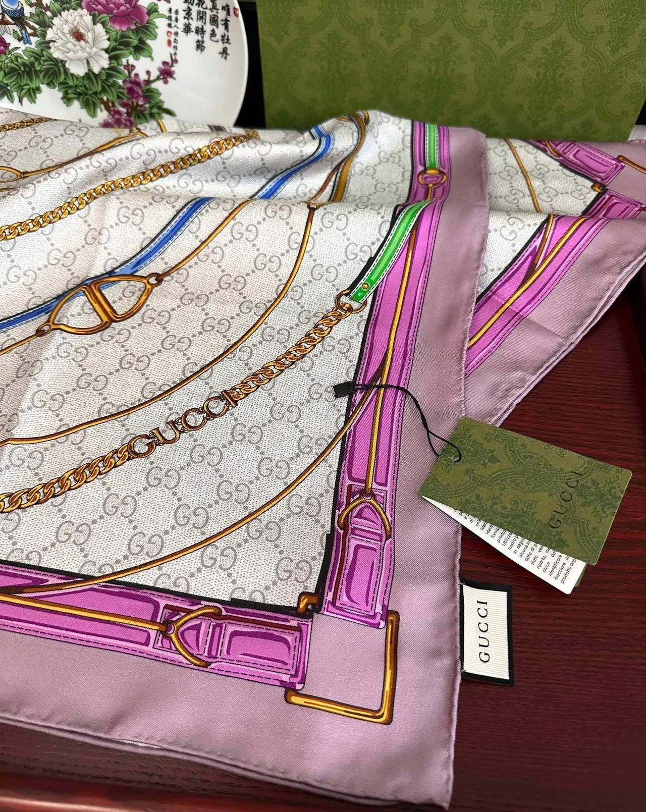 Gucci GG Marmont Beige Pink Square Interlocking G Monogram Silk Scarf 4