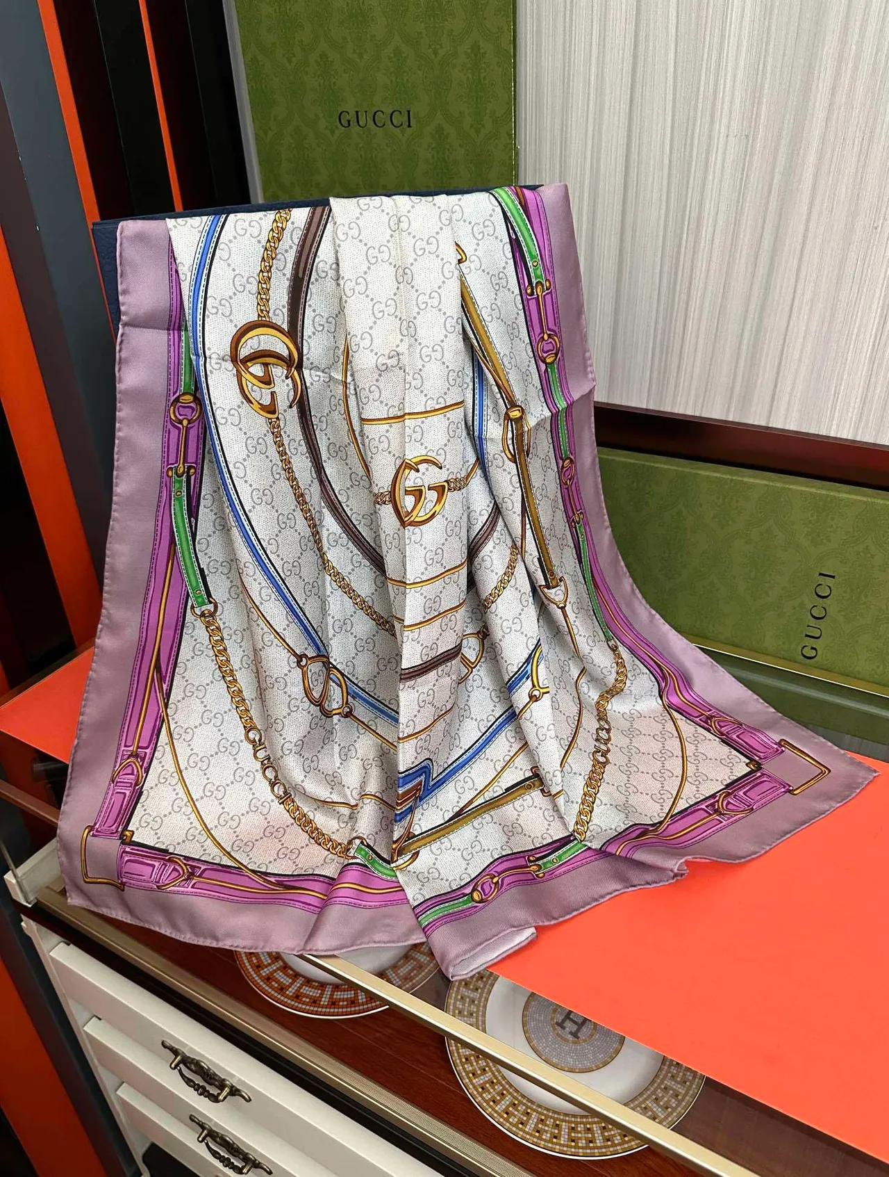 Gucci GG Marmont Beige Pink Square Interlocking G Monogram Silk Scarf 5