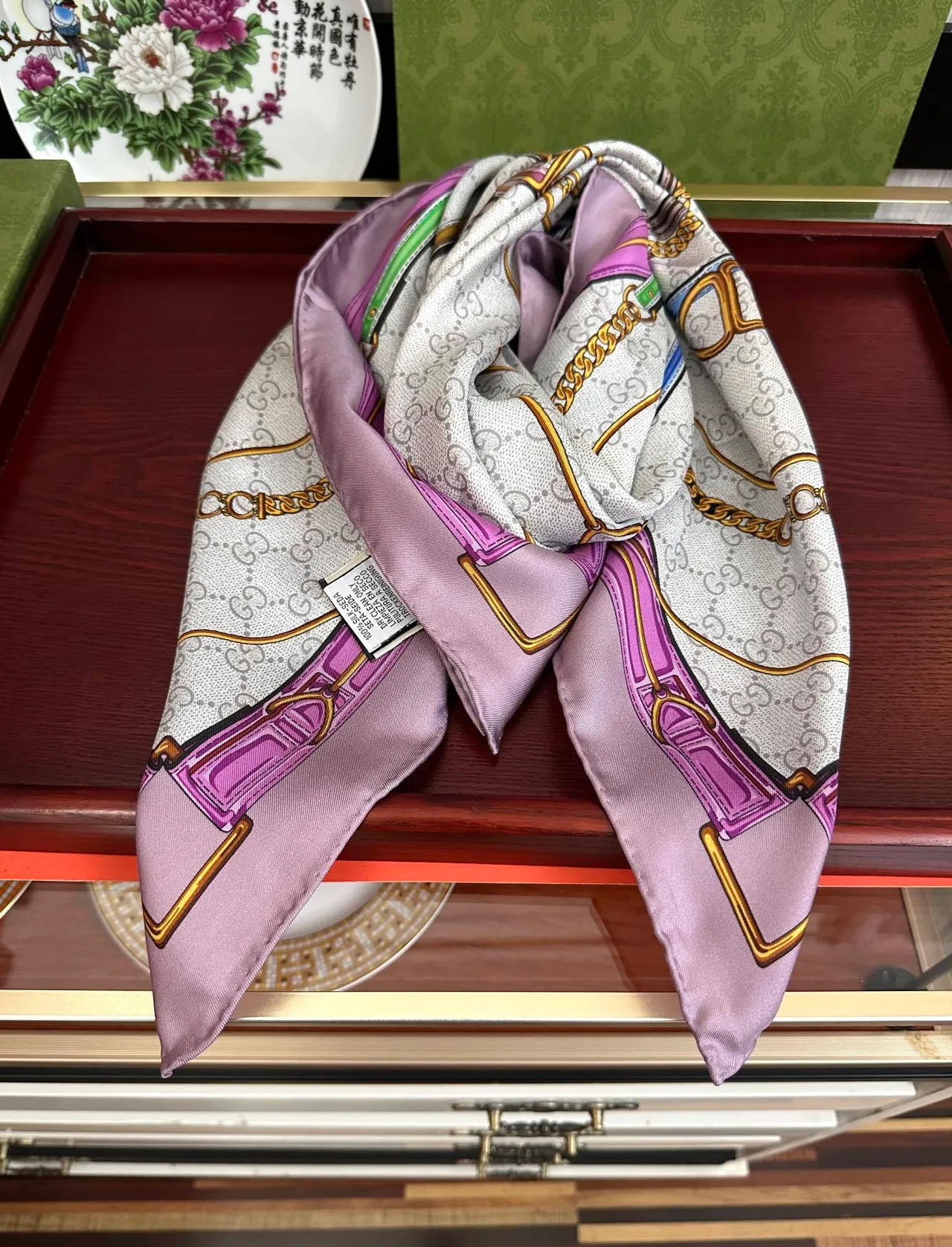 Gucci GG Marmont Beige Pink Square Interlocking G Monogram Silk Scarf 6