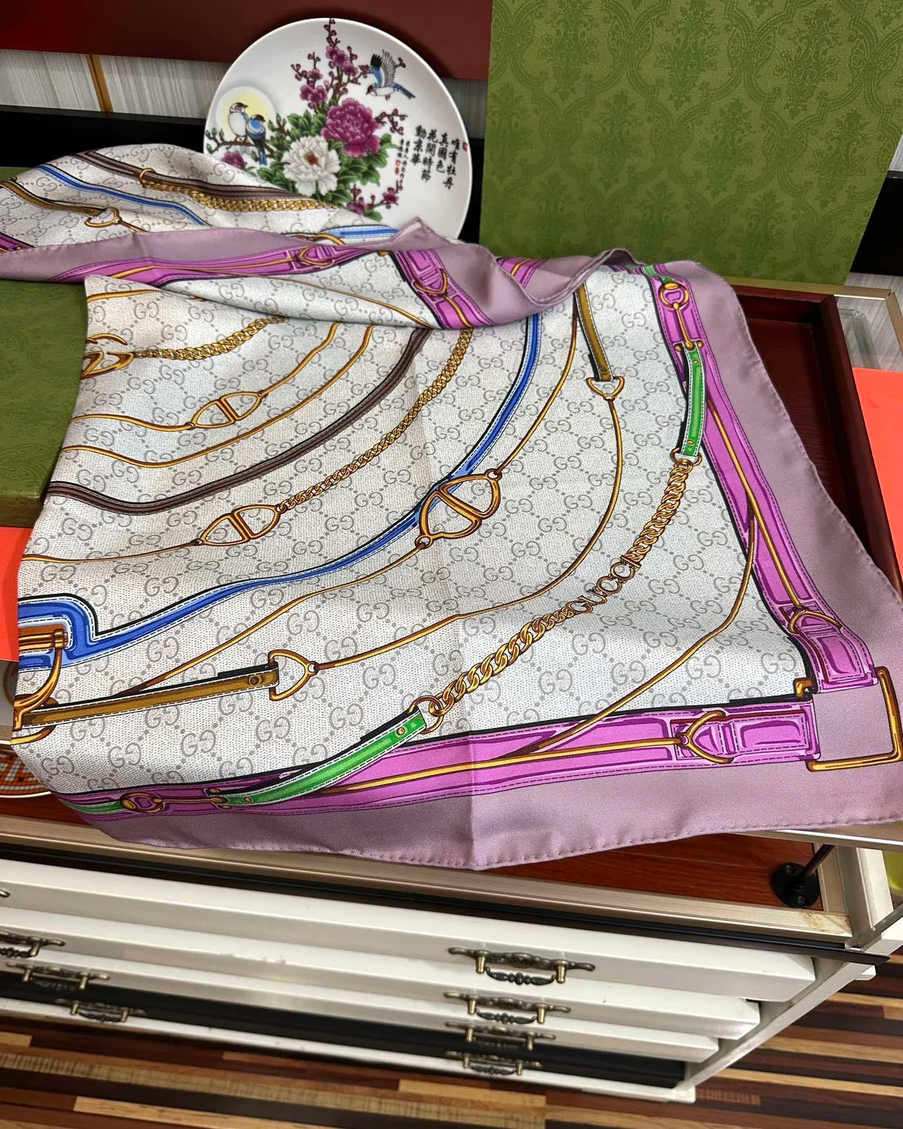 Gucci GG Marmont Beige Pink Square Interlocking G Monogram Silk Scarf 7