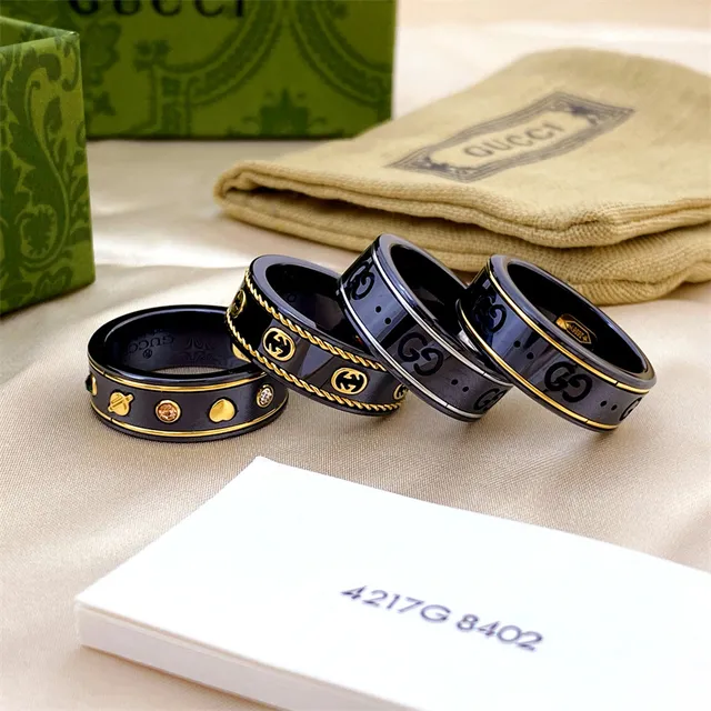 Gucci GG Marmont Black Gold Ceramic Bands Detailing Ring 4