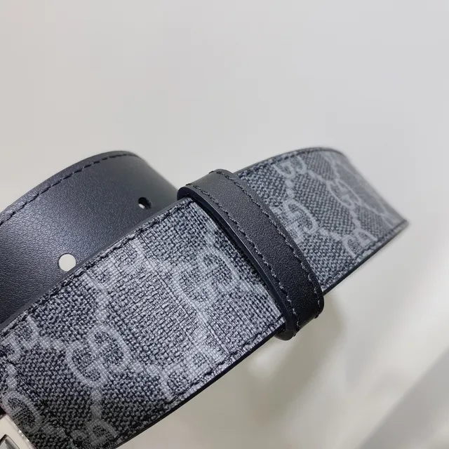 Gucci GG Marmont Black Gray Monogrammed Canvas Interlocking G Metal Buckle Leather Belt 2