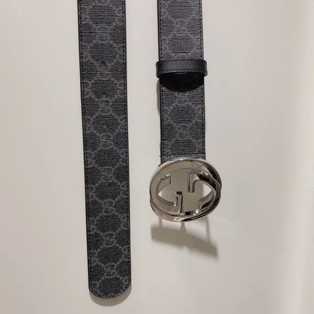 Gucci GG Marmont Black Gray Monogrammed Canvas Interlocking G Metal Buckle Leather Belt 5