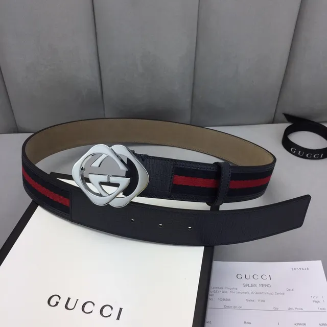 Gucci GG Marmont Negro Rojo Hebilla Interlocking G Rayas Web Detalle Cinturón de Cuero 2