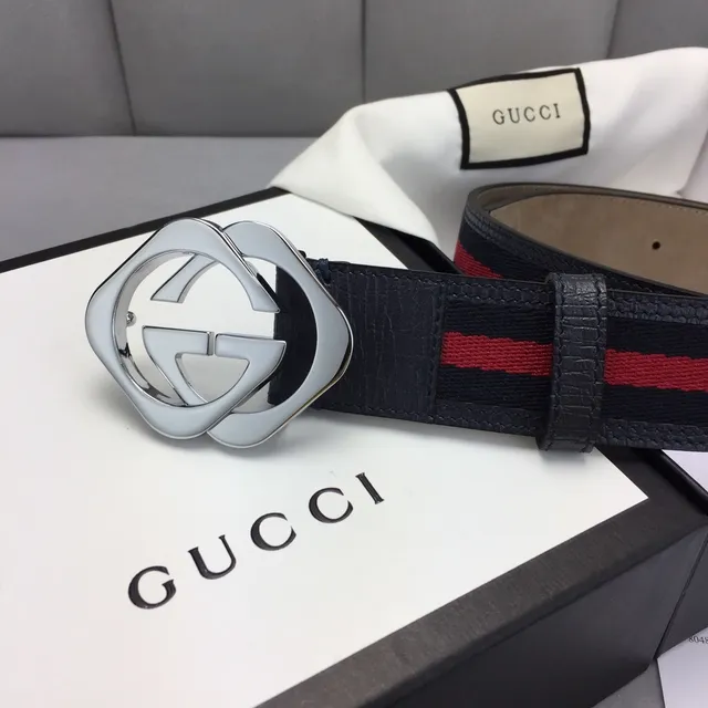 Gucci GG Marmont Negro Rojo Hebilla Interlocking G Rayas Web Detalle Cinturón de Cuero 3