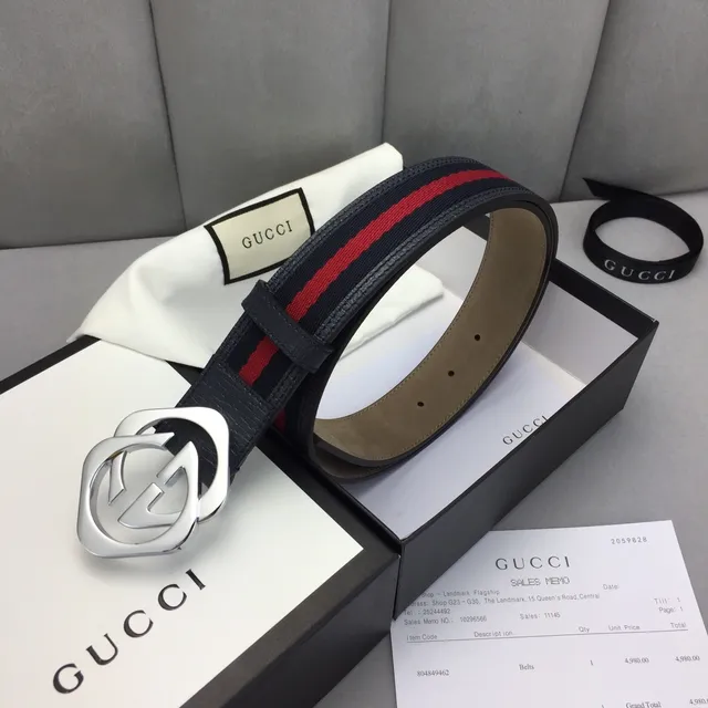 Gucci GG Marmont Negro Rojo Hebilla Interlocking G Rayas Web Detalle Cinturón de Cuero 4