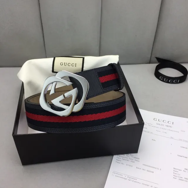 Gucci GG Marmont Negro Rojo Hebilla Interlocking G Rayas Web Detalle Cinturón de Cuero 5