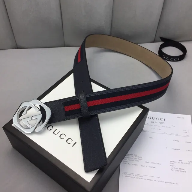 Gucci GG Marmont Negro Rojo Hebilla Interlocking G Rayas Web Detalle Cinturón de Cuero 6
