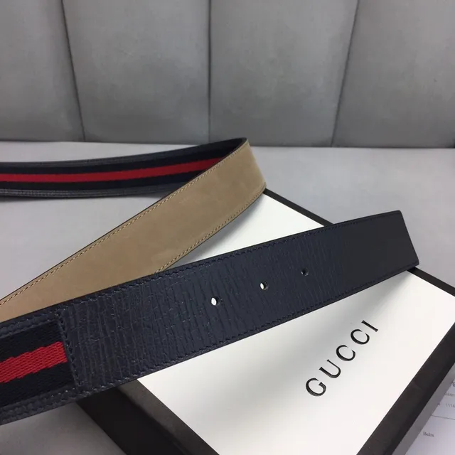 Gucci GG Marmont Negro Rojo Hebilla Interlocking G Rayas Web Detalle Cinturón de Cuero 7