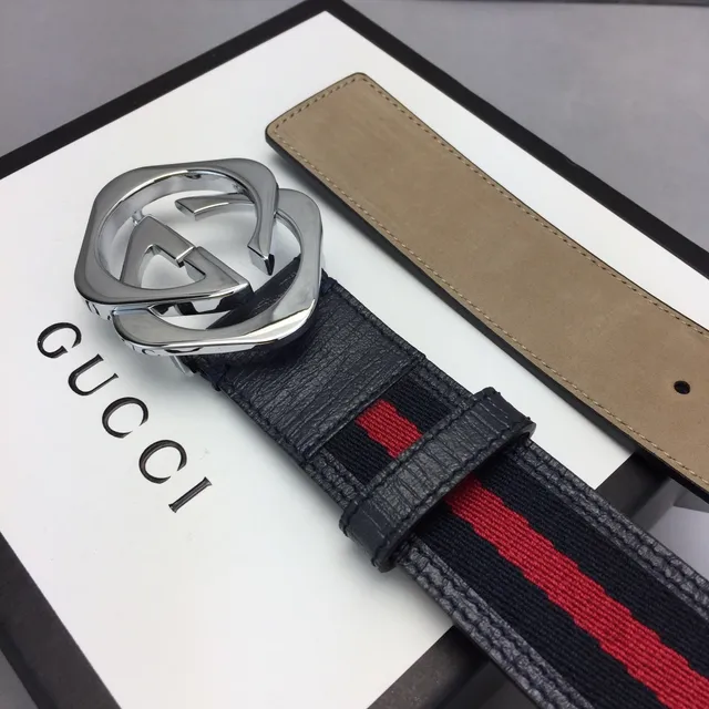 Gucci GG Marmont Negro Rojo Hebilla Interlocking G Rayas Web Detalle Cinturón de Cuero 8