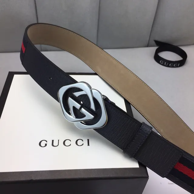 Gucci GG Marmont Negro Rojo Hebilla Interlocking G Rayas Web Detalle Cinturón de Cuero 9