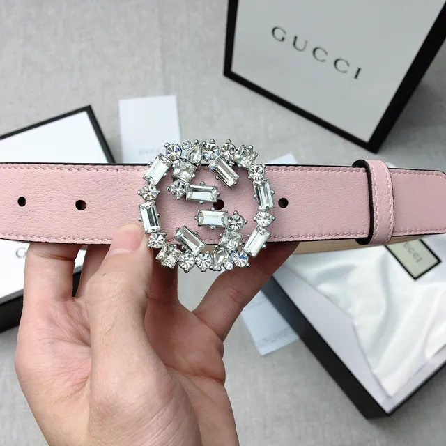 Gucci GG Marmont Crystal-Embellished Pale Pink Leather Belt 4
