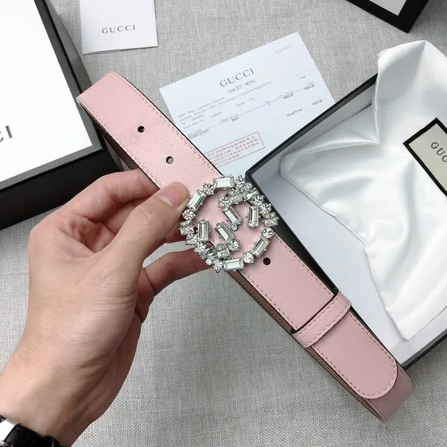Gucci GG Marmont Crystal-Embellished Pale Pink Leather Belt 5