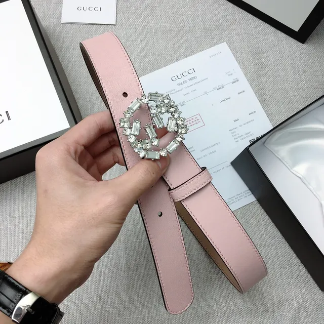 Gucci GG Marmont Crystal-Embellished Pale Pink Leather Belt 6