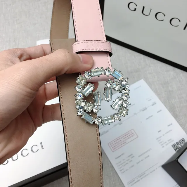 Gucci GG Marmont Crystal-Embellished Pale Pink Leather Belt 8