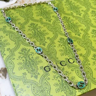 Colar Gucci GG Marmont Corrente Prateada Verde Charm Esmaltado