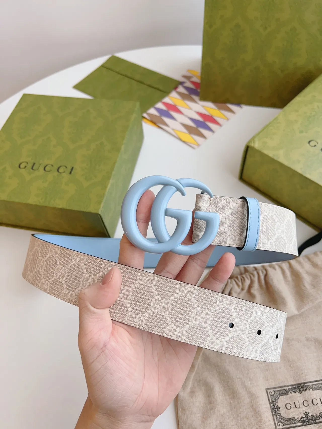 Gucci GG Marmont Light Blue and Beige Leather Belt 2