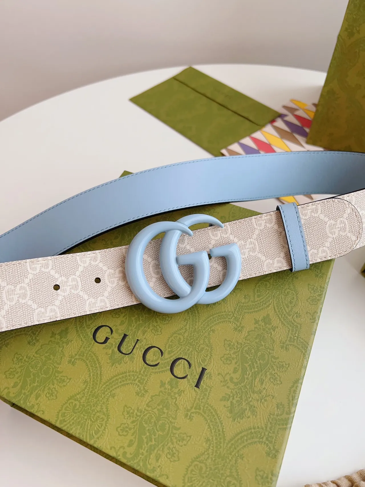 Gucci GG Marmont Light Blue and Beige Leather Belt 3