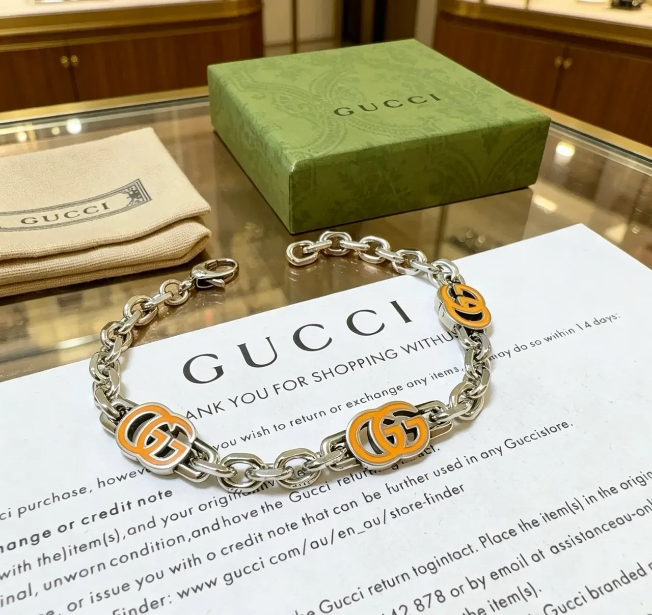 Gucci GG Marmont Orange Enamel Silver-Tone Chain Bracelet 9