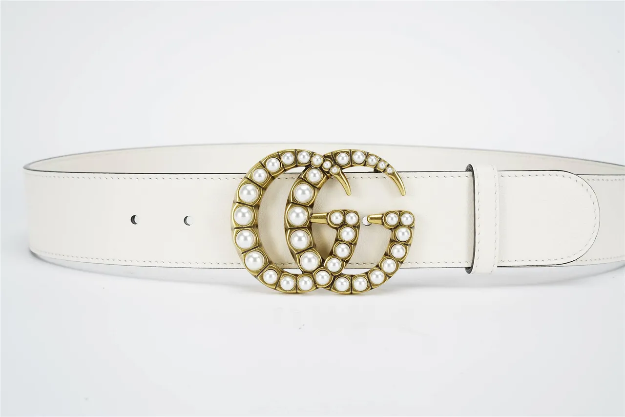 Gucci GG Marmont मोती सजावटी चमड़ी का बेल्ट 9