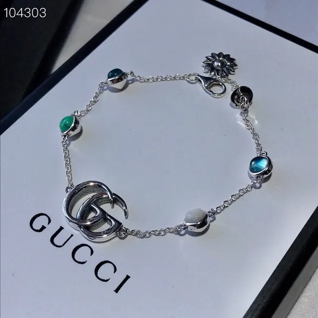 Gucci GG Marmont Pulseira de eslabões prateados azuis com logo interlocking G 2
