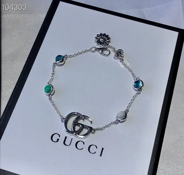 Gucci GG Marmont Pulseira de eslabões prateados azuis com logo interlocking G 5