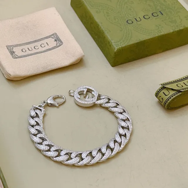 Gucci GG Marmont Silver Pavé-Set Curb Chain Interlocking G Clasp Bracelet 7