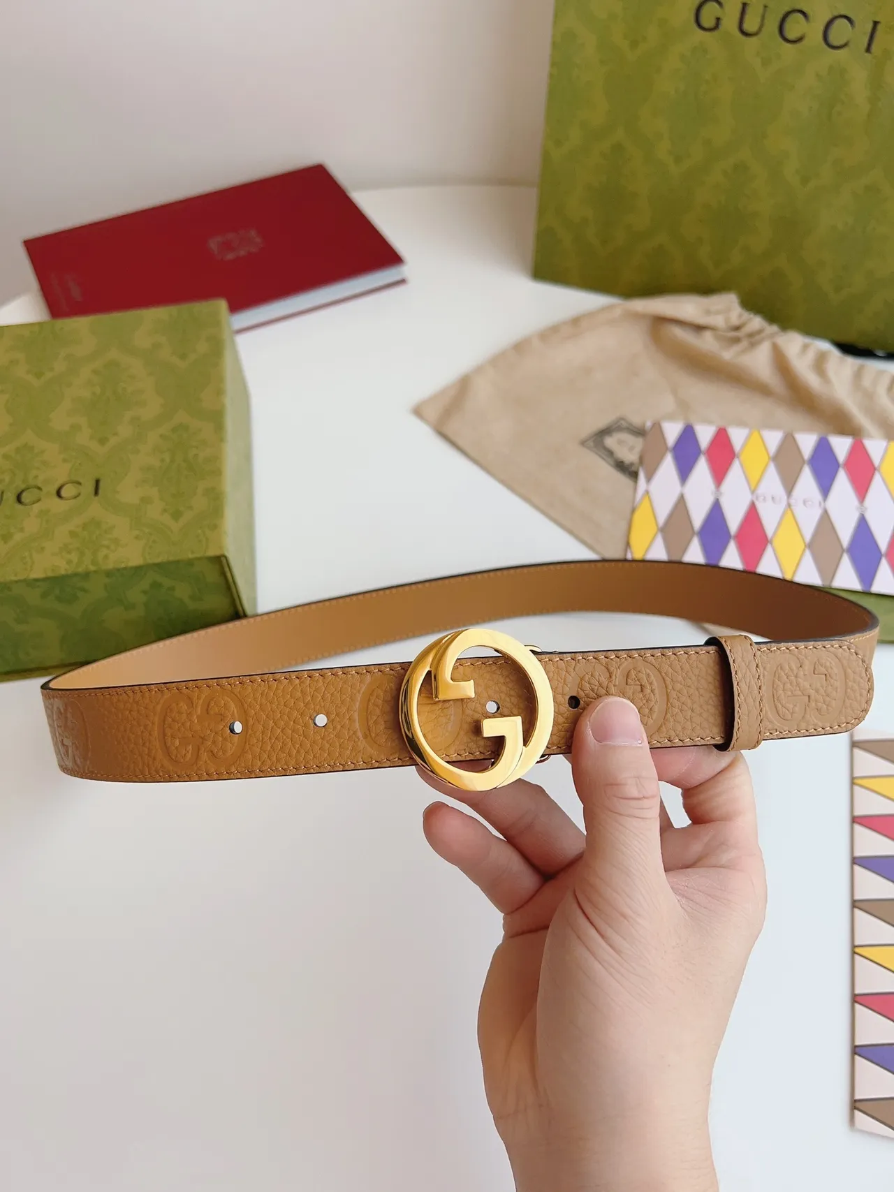 Gucci GG Marmont Tan Cinto de Couro Granulado 3