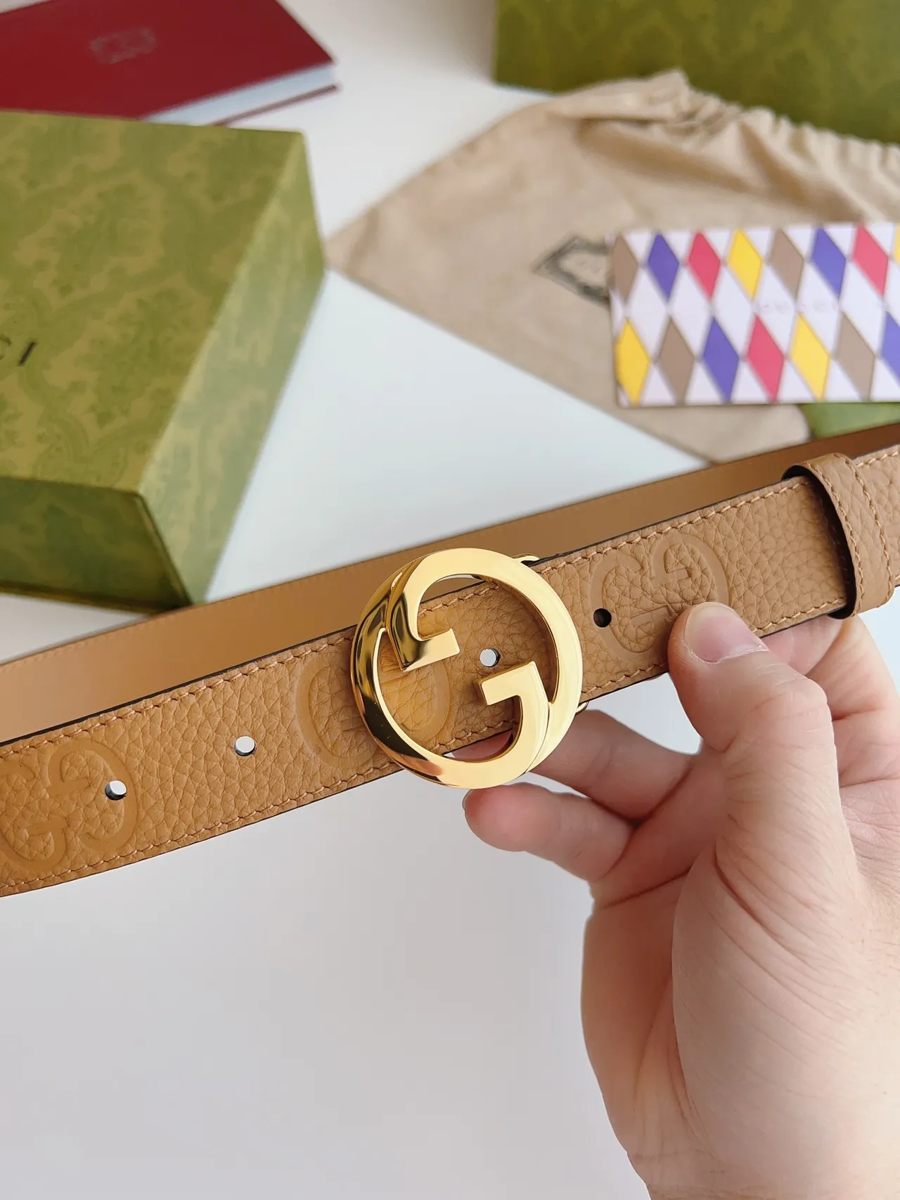 Gucci GG Marmont Tan Cinto de Couro Granulado 6