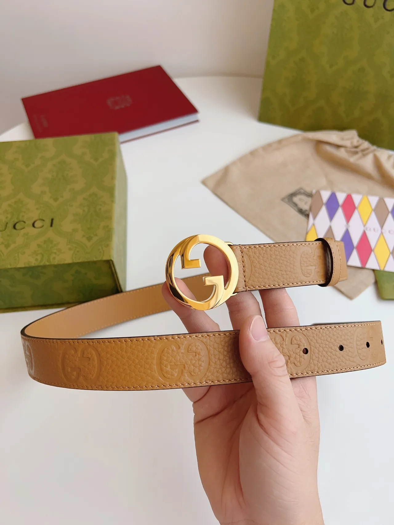 Gucci GG Marmont Tan Cinto de Couro Granulado 9