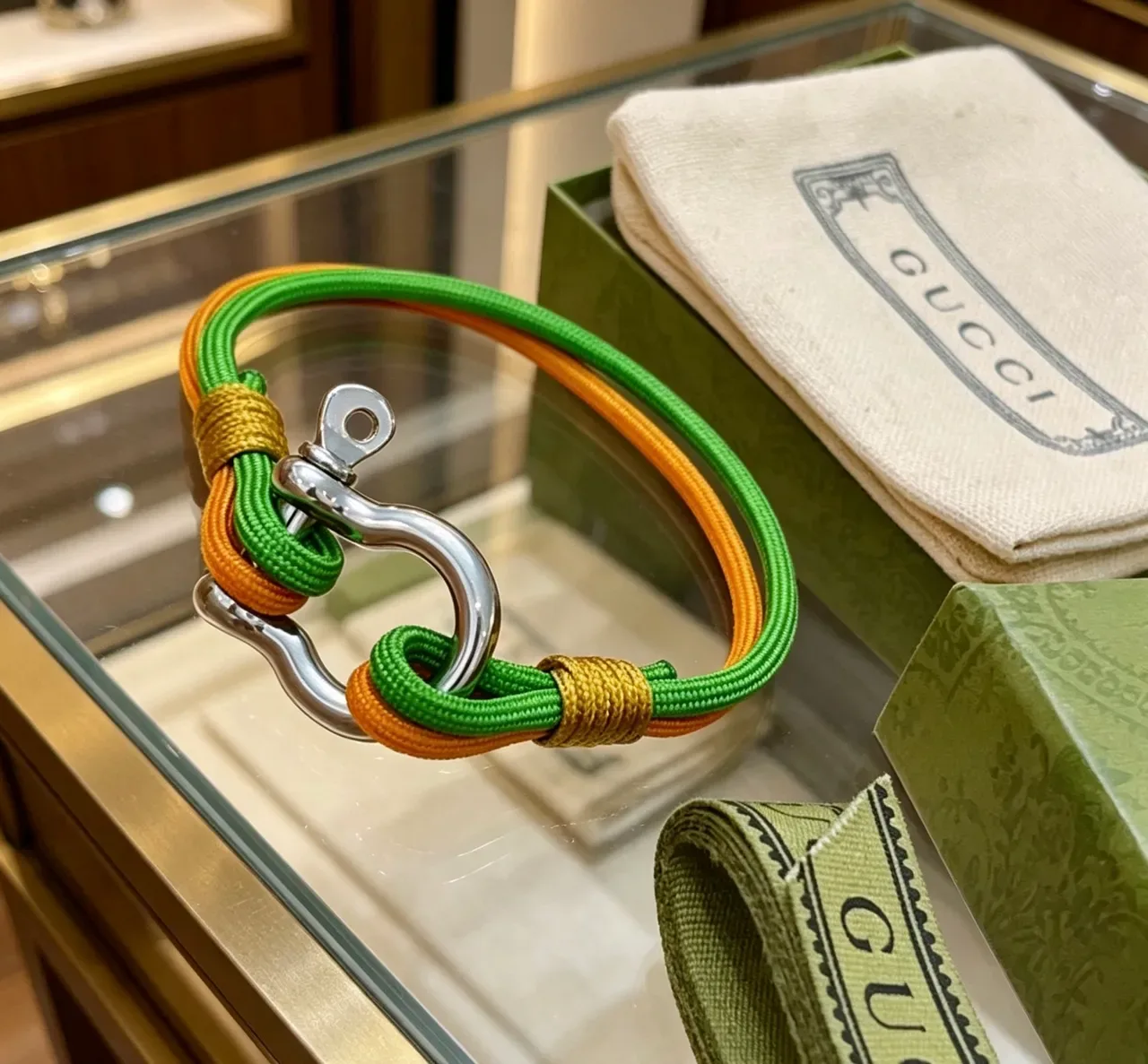 Gucci Bracelet de Corde Tressée Vert et Orange Double Teinte 4