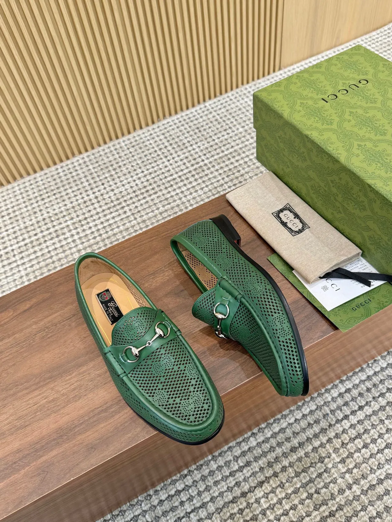 Gucci Horsebit 1955 Perforated Green Leather Loafers 2