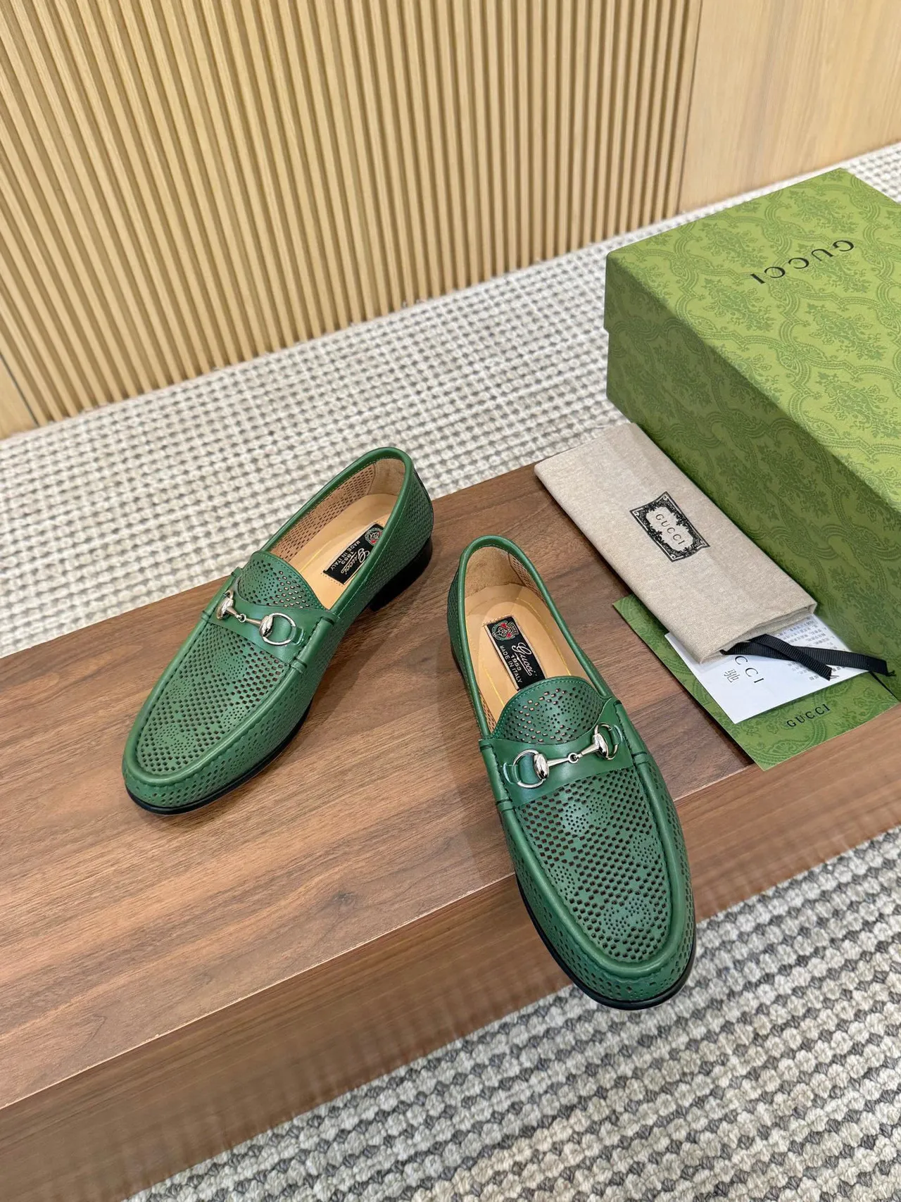 Gucci Horsebit 1955 Perforated Green Leather Loafers 3