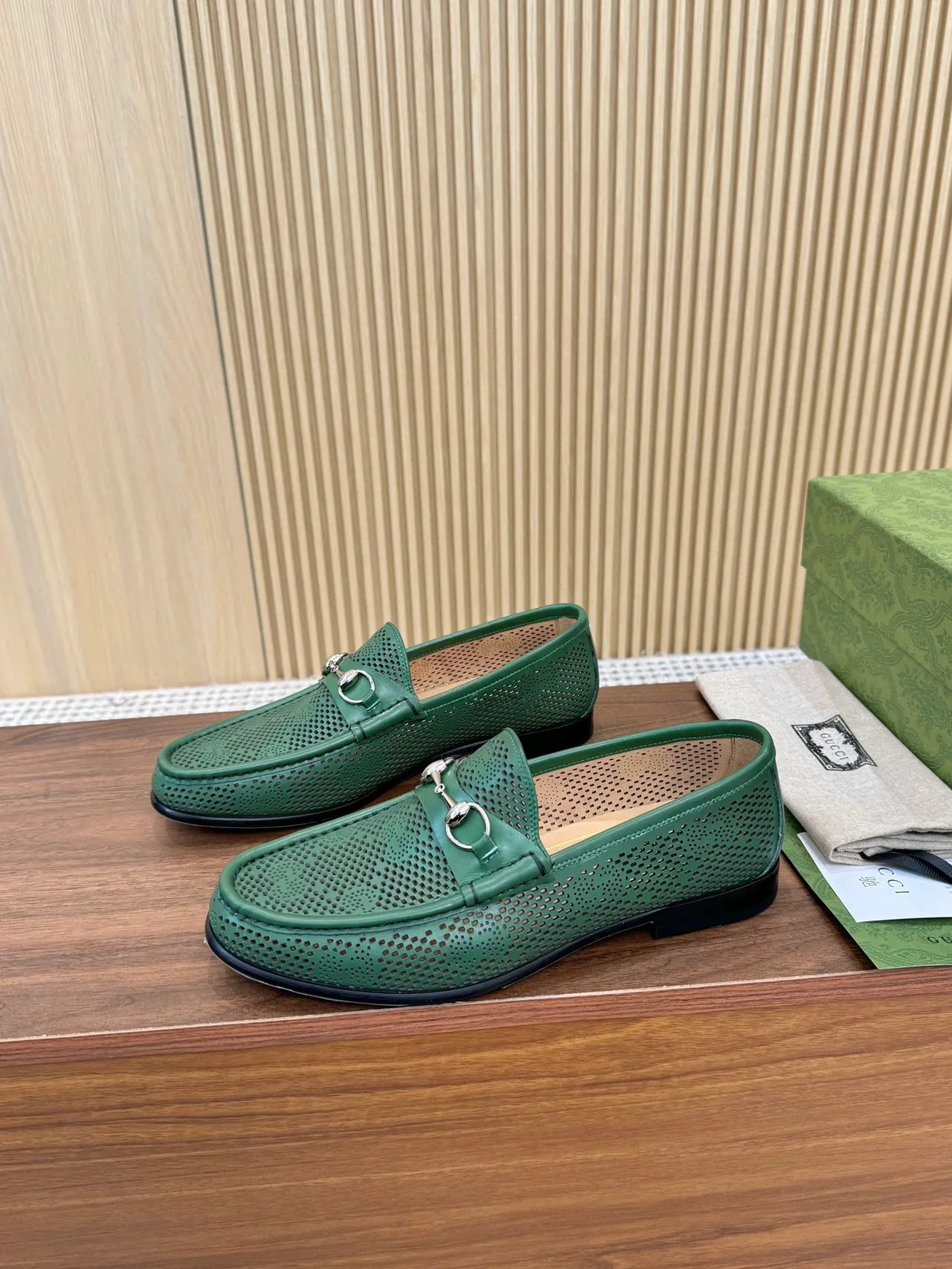 Gucci Horsebit 1955 Perforated Green Leather Loafers 4
