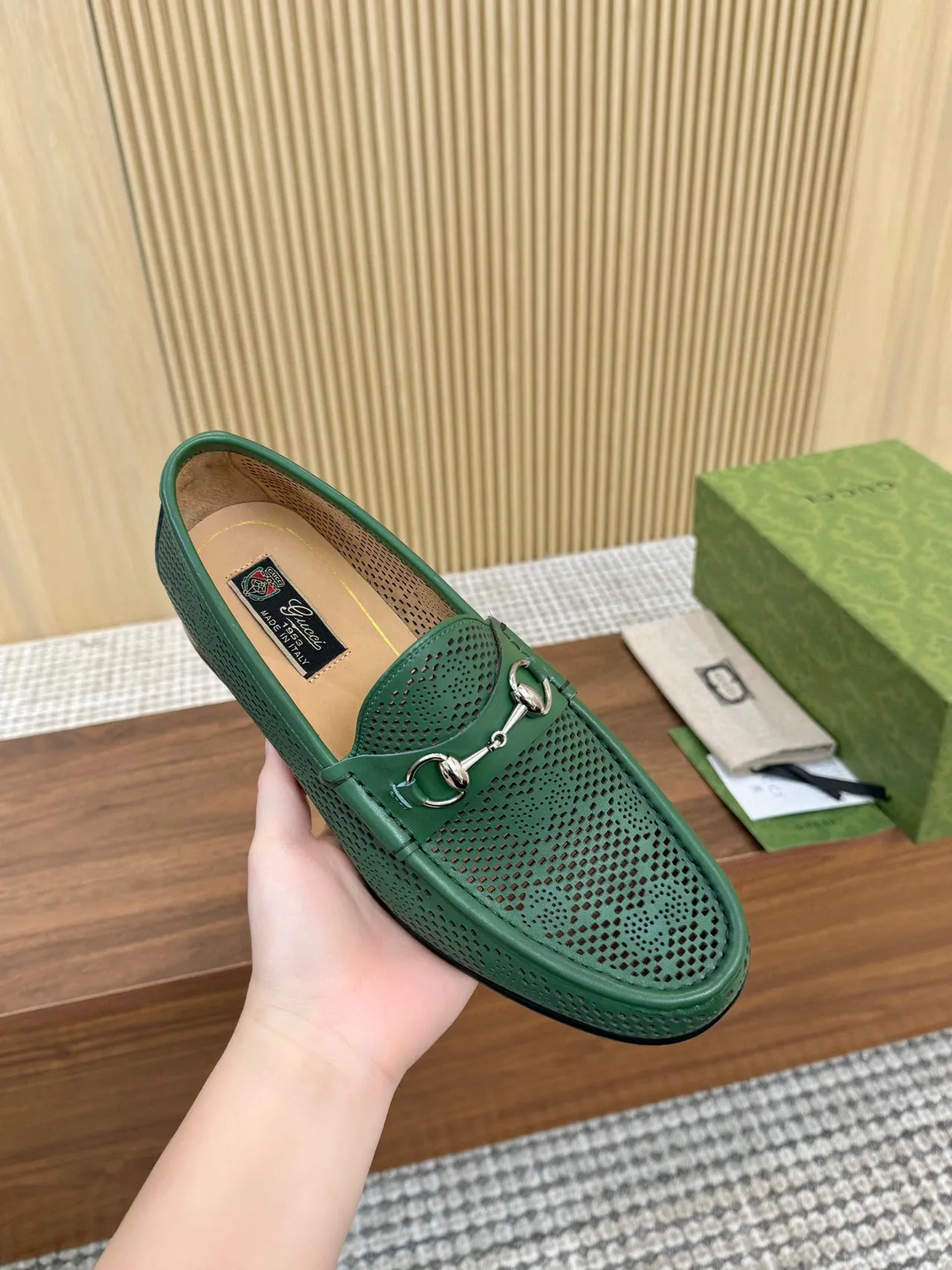 Gucci Horsebit 1955 Perforated Green Leather Loafers 5