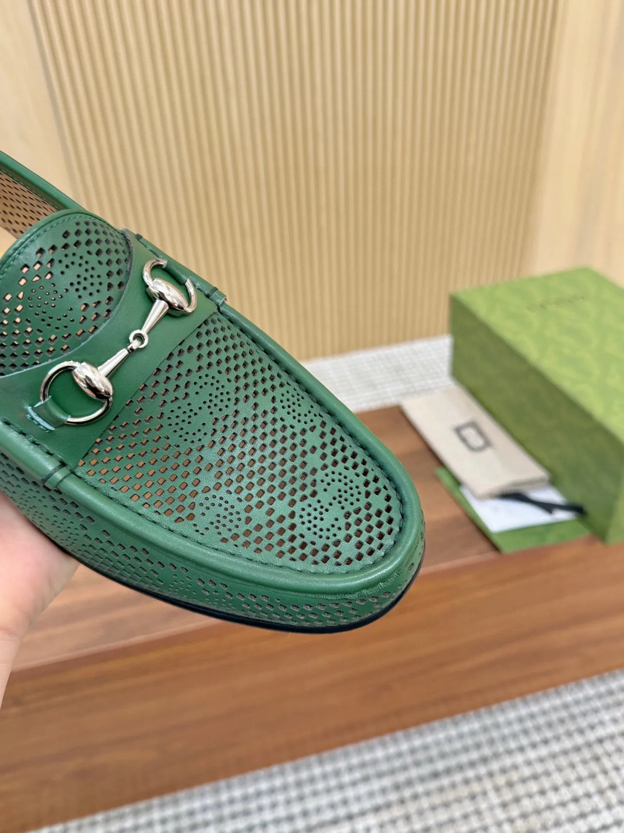 Gucci Horsebit 1955 Perforated Green Leather Loafers 6