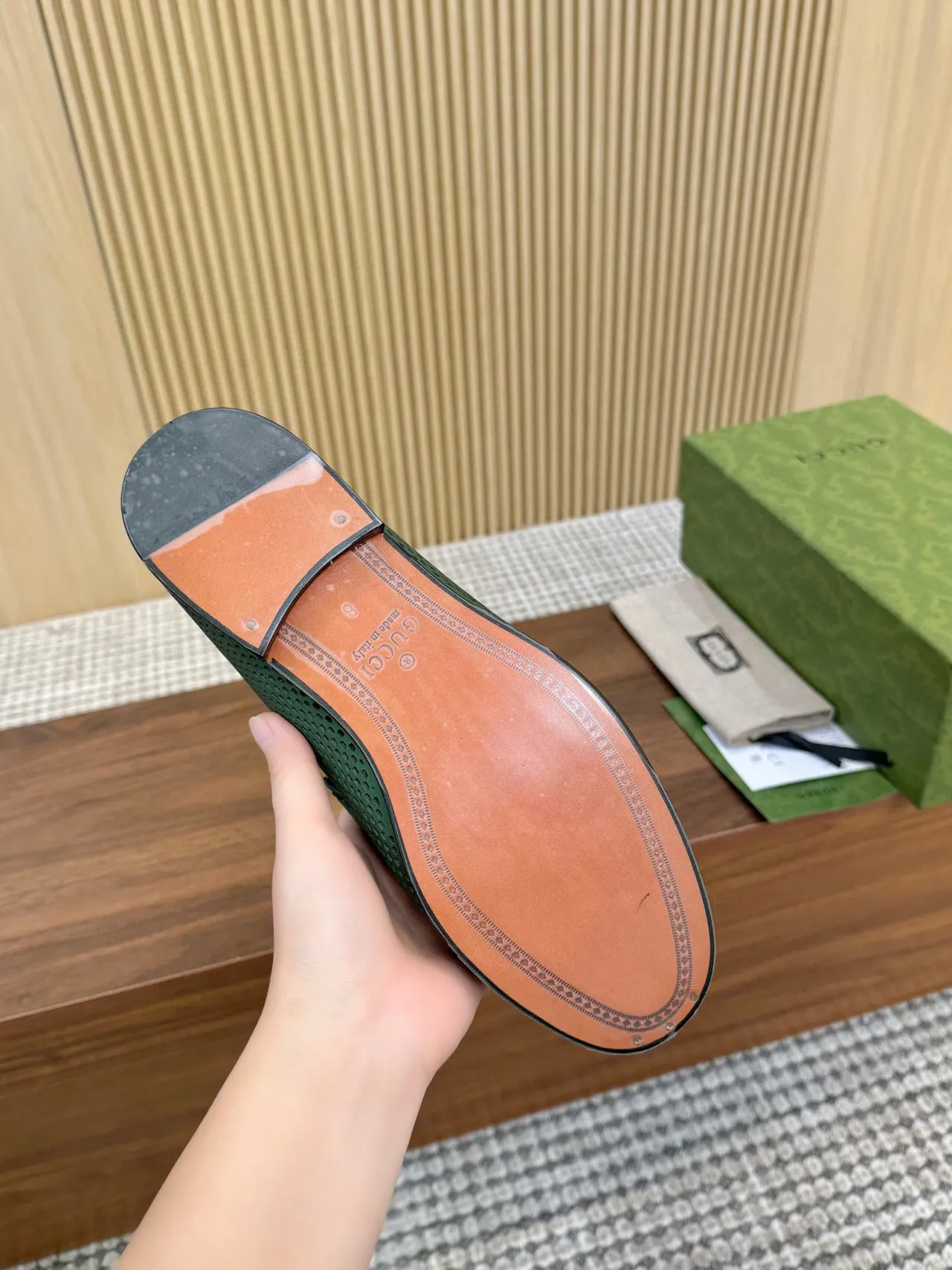 Gucci Horsebit 1955 Perforated Green Leather Loafers 9