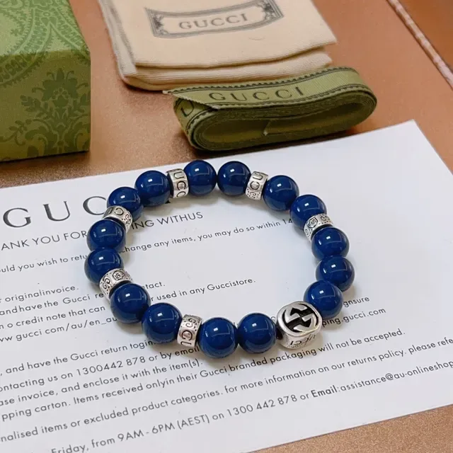 Gucci Interlocking G Beaded Bracelet Blue Silver Charm Bracelet 4
