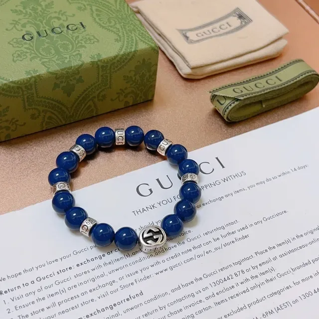 Gucci Interlocking G Beaded Bracelet Blue Silver Charm Bracelet 6
