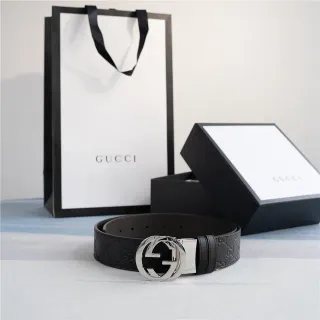 Gucci Interlocking G Noir Argenté Embossé GG Monogram Boucle Cuir Ceinture
