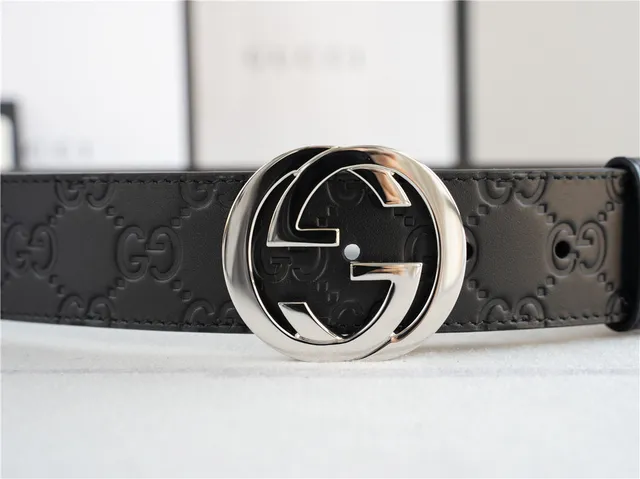Gucci Interlocking G 黑色银色压花 GG Monogram 扣头 皮革腰带 6