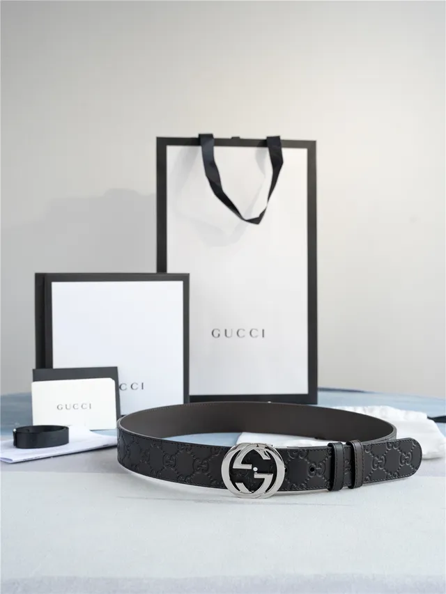 Gucci Interlocking G 黑色银色压花 GG Monogram 扣头 皮革腰带 7