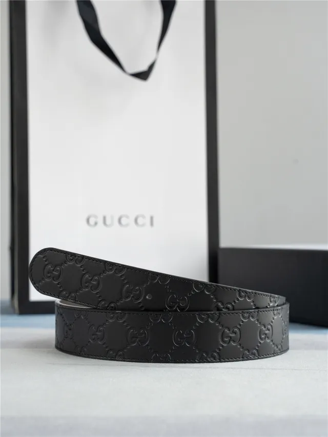 Gucci Interlocking G 黑色银色压花 GG Monogram 扣头 皮革腰带 8