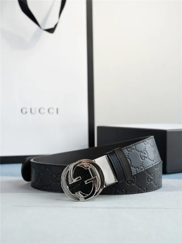 Gucci Interlocking G 黑色银色压花 GG Monogram 扣头 皮革腰带 9