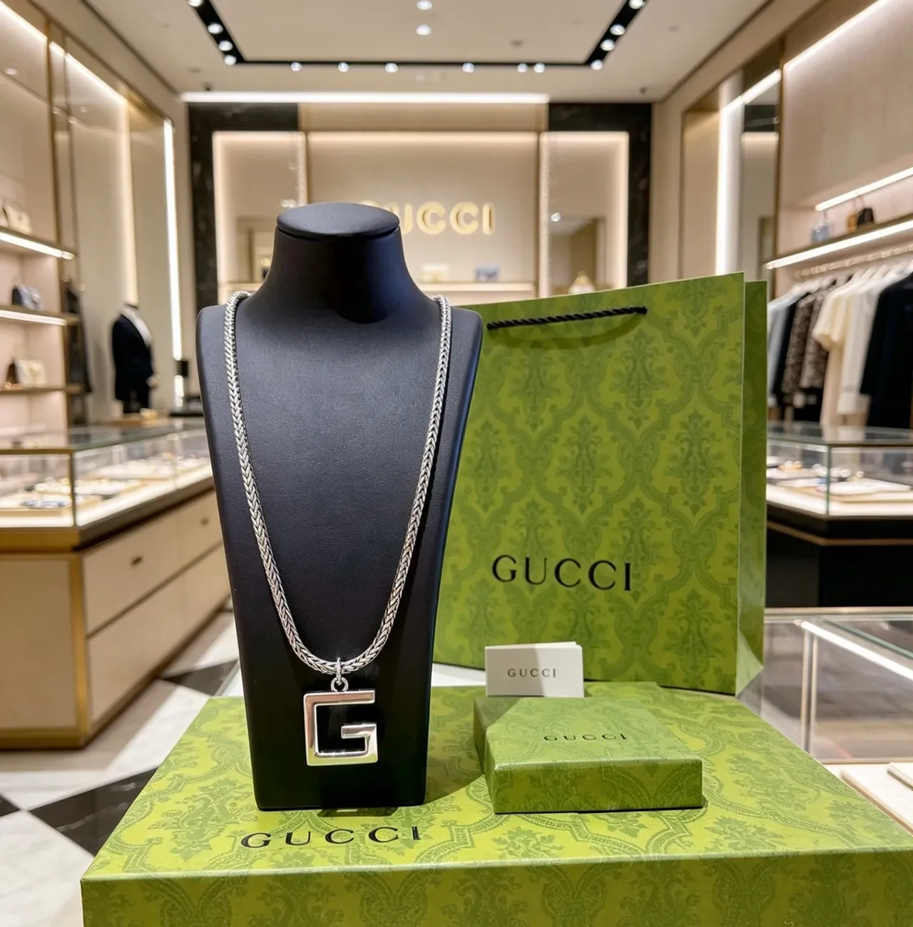 Gucci Interlocking G Silver Black Braided Chain Square Pendant Necklace 7