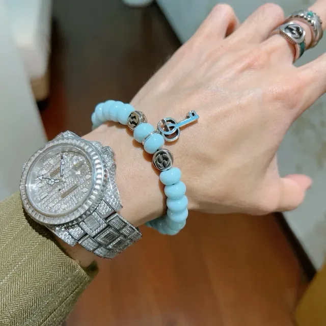 Gucci Key to My Heart Blue Silver Beaded Stretch Interlocking G Charms Bracelet 2