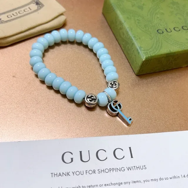 Gucci Key to My Heart Blue Silver Beaded Stretch Interlocking G Charms Bracelet 3
