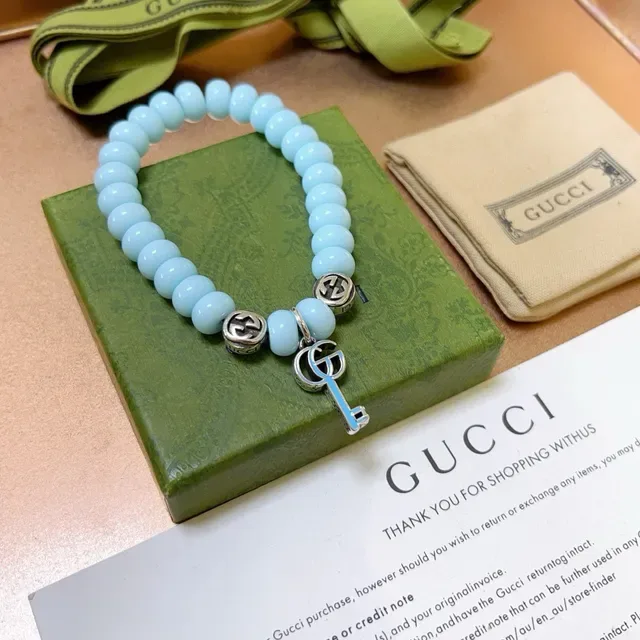 Gucci Key to My Heart Blue Silver Beaded Stretch Interlocking G Charms Bracelet 4