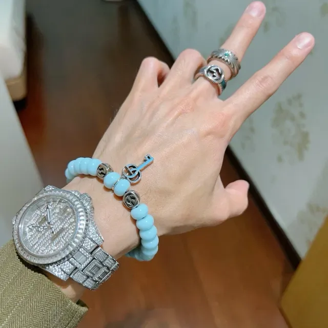 Gucci Key to My Heart Blue Silver Beaded Stretch Interlocking G Charms Bracelet 5