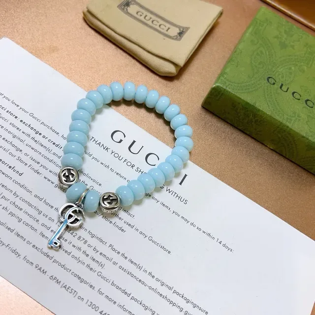 Gucci Key to My Heart Blue Silver Beaded Stretch Interlocking G Charms Bracelet 6